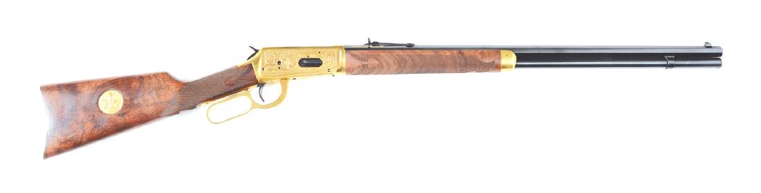 (M) Winchester "Oliver F. Winchester" Special Edition: Standard Oliver F. Winchester special edition with octagon barrel, checkered walnut stocks. Receiver is gold colored and engraved. Comes in its original box with paperwork. CONDITION: As new with only