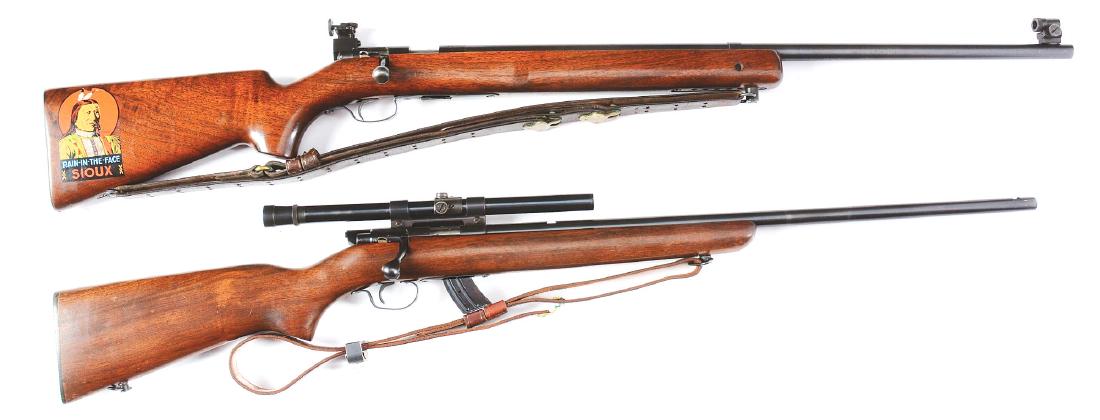 (C) Lot of 2: Winchester Model 75 and 69A Bolt Action: Lot consists of: Gun (A) Winchester Model 75, magazine fed, bolt action, .22 target rifle manufactured in 1947 featuring the target globe front sight. Gun is not drilled for a rear barrel sight, simpl