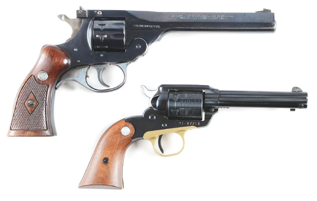 (C+M) Lot of 2: .22 Caliber Revolvers.: Lot consists of: Gun (A) H&R Sportsman double action, nine shot revolver. Features adjustable rear sight, fixed front sight, double action, blued finish, diamond checkered walnut grips. CONDITION: Hig