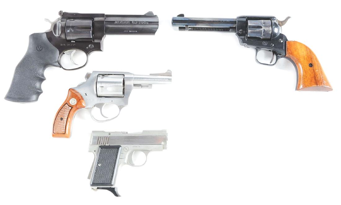 (M) Lot of 4: Contemporary American Handguns.: Lot consists of: Gun (A) Ruger GP100. Features include a six shot cylinder, double action, blued finish, target sights, solid rib, and Ruger black rubber finger grooved grips. CONDITION: Has been fire