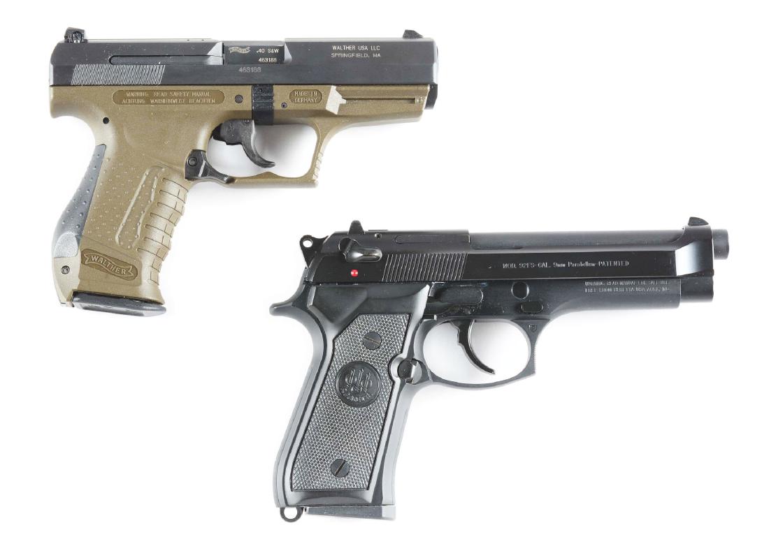 (M) Lot of 2: Like New Large Frame Semi-Automatic: Lot consists of: Two pistols are in near new condition inside and out with minor handling marks. Both are double action semi-automatics with matte finish and alloy frames, composite grips, and white d