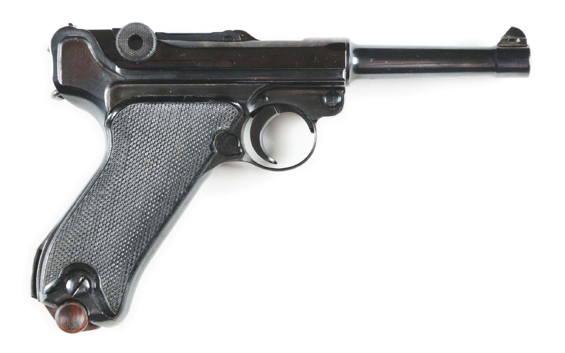 (C) Refinished Mauser "byf" P08 Luger Semi-Automatic: Features round barrel with dovetailed inverted V front sight, V notch rear sight on rear link, thumb safety marked "GESICHERT" in the upper position, extractor marked "GELADN", front toggle link marke