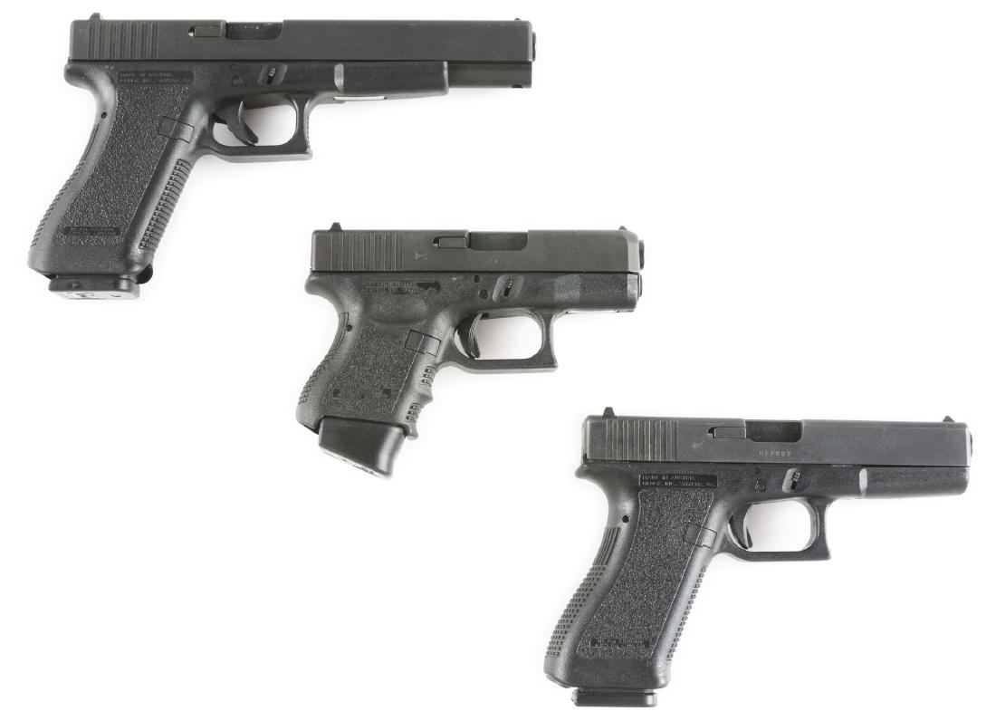 (M) Lot of 3: Glock Handguns.: Lot consists of: Three different Glock models that come in their black cases. All have steel slides, composite frame with built-in grips and are magazine fed semi-automatics that were made in Austria.