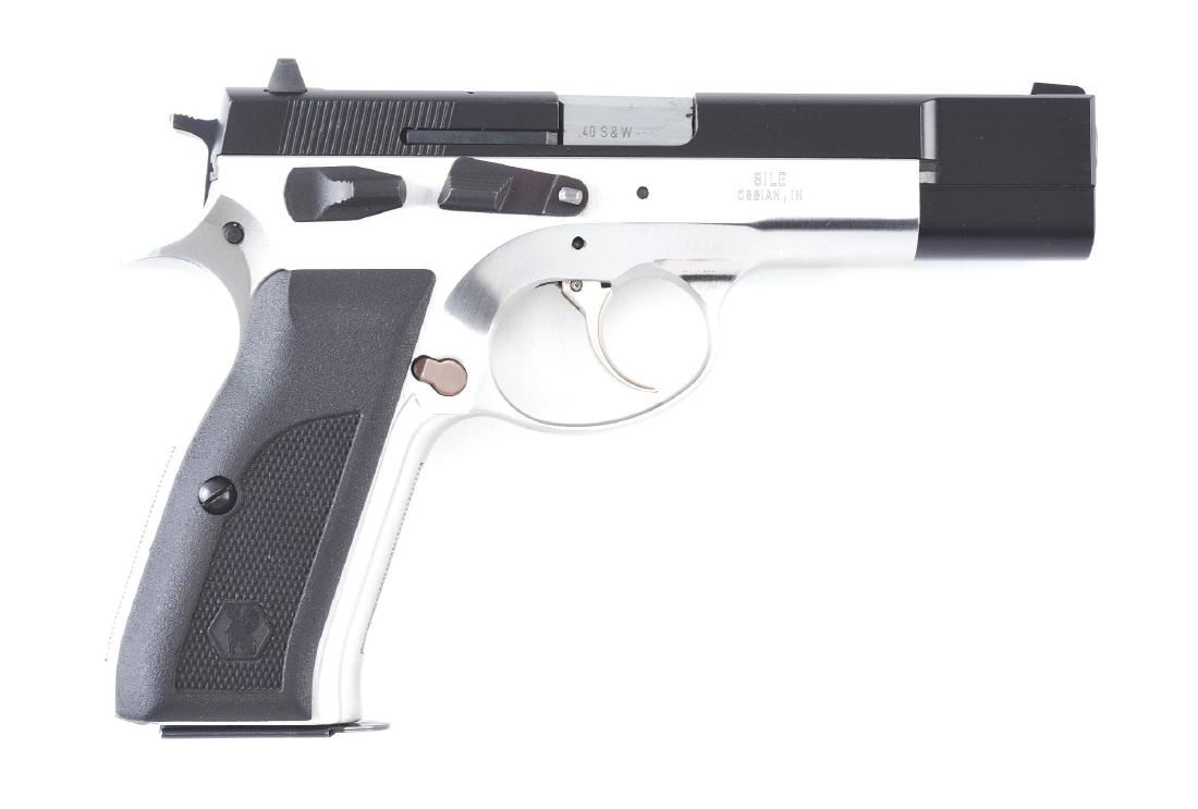 (M) Boxed Sphinx AT 2000 S Semi-Automatic Pistol.: This beautiful pistol is marked "AT 2000 S" with stainless frame, blued matte finish slide, wind drift rear sight, black composite grips, checkered straps. Comes with box. CONDITION: Near new inside a