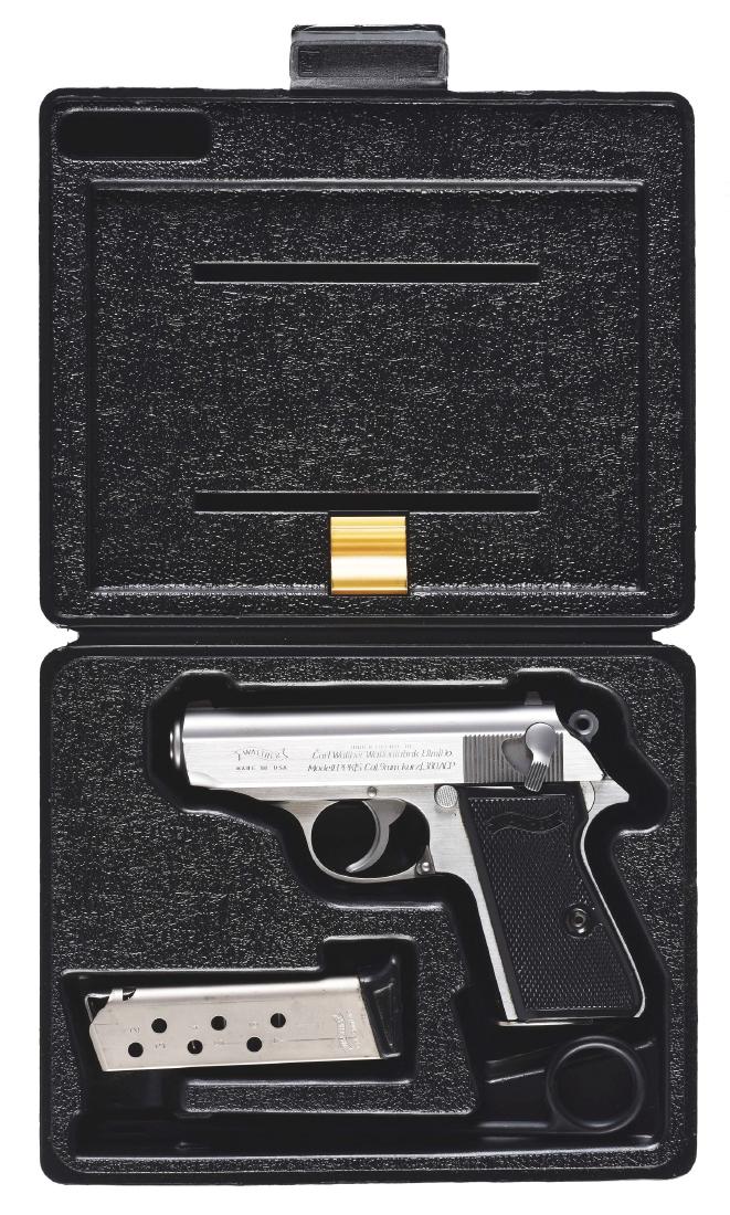 (M) Cased Stainless Steel Walther PPK/S Semi-Automatic: Stainless steel caliber 380 with seven shot capacity. Made in USA and marketed by Interarms; Alexandria, Virginia. This is the earlier variation prior to the Smith & Wesson involvement. Standard singl