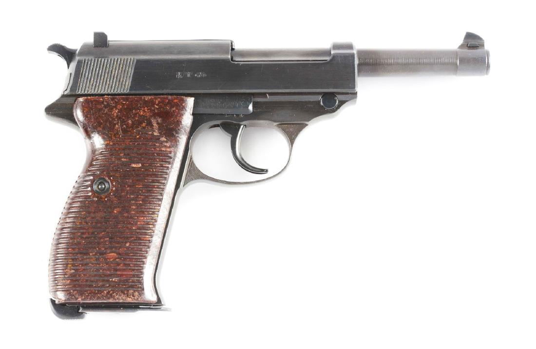 (C) Walther P.38 "byf" Semi-Automatic Pistol.: World War II Mauser production P.38 pistol with matching numbers throughout including frame, barrel, slide and locking block. "WaA135" inspections including magazine. Brown Bakelite grips. Appears to 