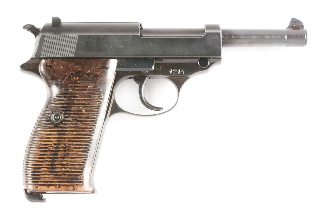 (C) Walther P38 "byf" Semi-Automatic Pistol.: Post-World War II rebuild. Walther eagle 359 inspected frame renumbered to match Mauser eagle 135 slide barrel and barrel. Russian refinished with brown Bakelite grips. CONDITION: Good with pitted bor
