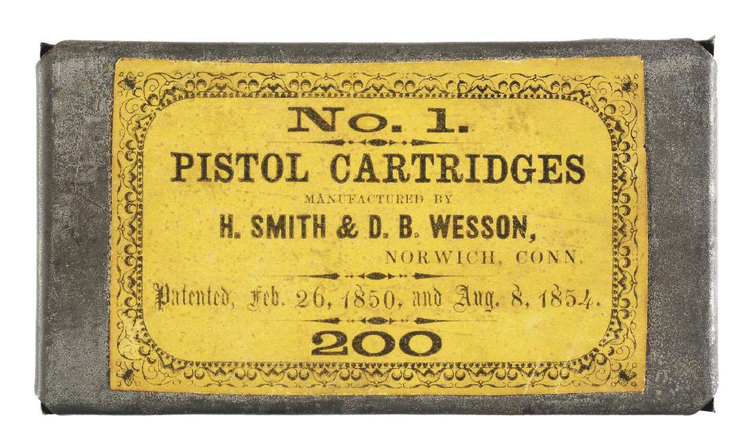 Volcanic Ammunition Tin Box with Four Rounds.: Extremely rare and hard to find No. 1 Pistol cartridges manufactured by H. Smith & D.B. Wesson Norwich, Conn. Patented February 26th, 1850 and August 8th, 1854 200. There are four rocket ball rounds i
