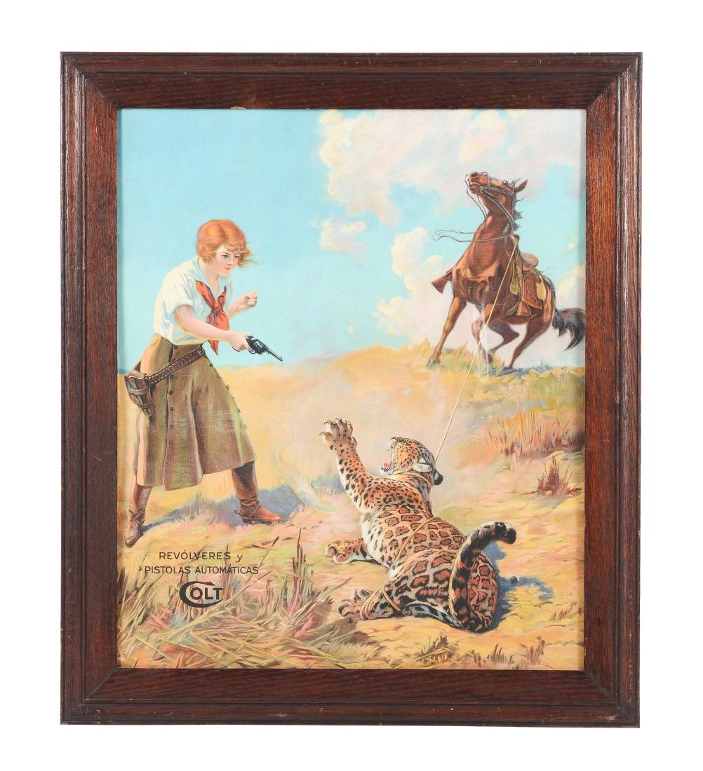 Scarce Spanish Version Colt Lady & Jaguar Print: This brilliant image is printed on textured poster paper similar to canvas. Measures 23-1/2" tall x 19-1/2" wide. This image shows virtually no fading. Blacklight shows no signs of inpainting or repai