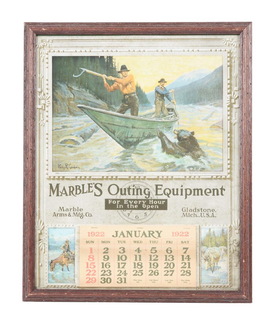 Marbles Outing Equipment 1922 Complete Calendar: Top metal band visible. This is a full pad 1922 Marbles calendar by the famed artist Philip R. Goodwin. This is the first Marbles advertising calendar we have ever offered or even seen. It features an