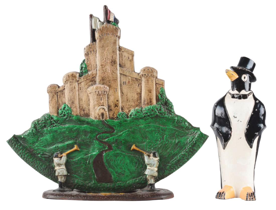 Lot of 2: Cast Iron Penguin & Castle Doorstops. (1 of 3)