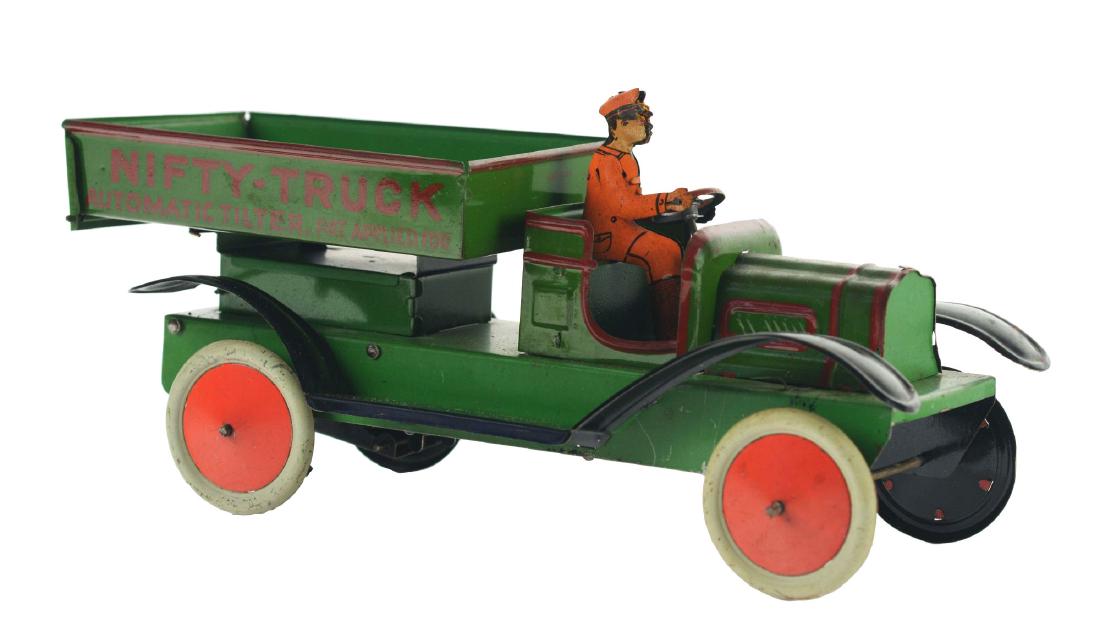 German Nifty Tin Litho Wind-Up Dump Truck Toy. (1 of 4)