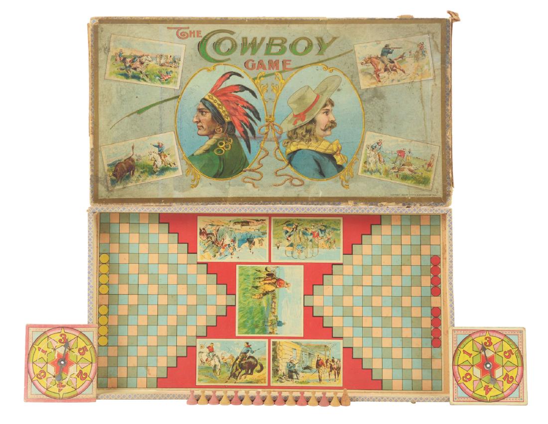 Early Chaffee & Celchow Cowboy Game.: Game is marked "Copyright 1898", and has original box which shows Buffalo Bill type Western character on right hand side and Sitting Bull type Indian character on left hand side. Shows old Western bat