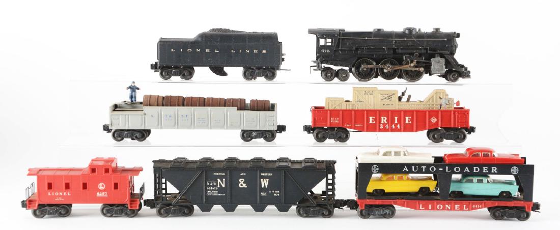 Lot Of 8: Lionel Trains With Boxes.: Lot consists of: No. 675 Locomotive - broken marko light, scratches and paint chips throughout, some paint loss to cab, corrosion on the steam chest and on the side rods on one side, good condition. N
