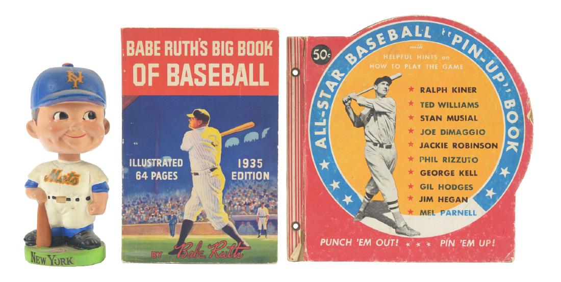 Lot Of 3: Early Baseball Memorabilia Items.: Lot consists of: 1950's All Star baseball pin up book which includes Hall of Famers Joe DiMaggio, Ted Williams, Stan Musial, Ralph Kiner and others, book is unpunched but has some wear and splitting t