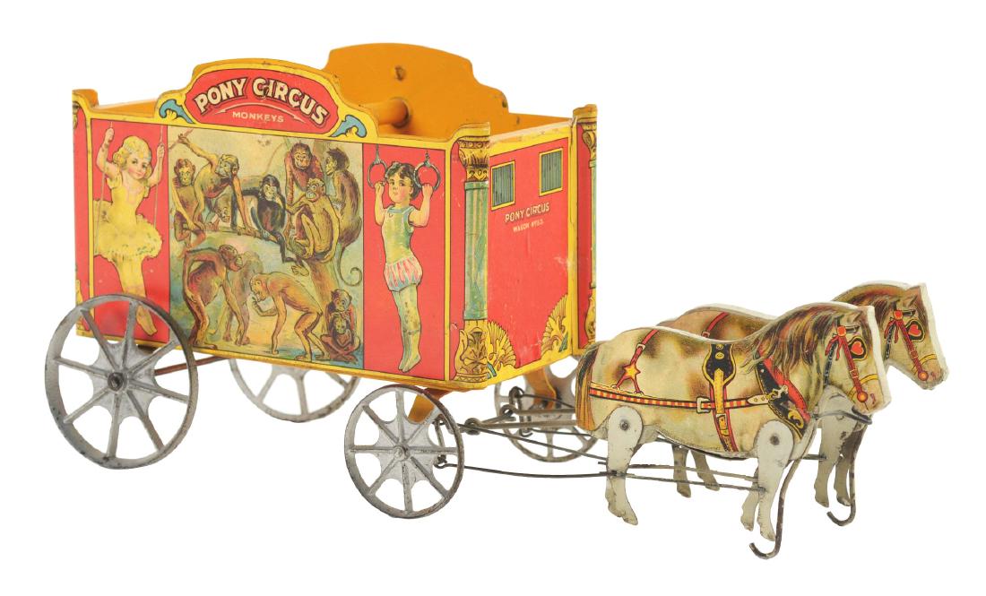 Early Gibbs Paper on Wood Horse Drawn Pony Circus: Circa 1915. Wagon is paper litho over metal, pulled by two horses, and shows circus scenes on both sides of the rear cart. Iron wheels. Some litho loss to the tops and bottoms of horse figures. This i