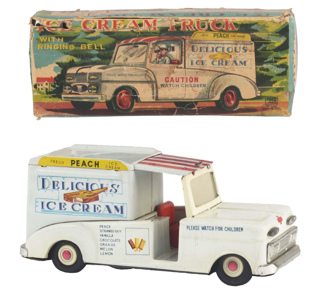 Japanese Tin Litho Friction Delicious Ice Cream Truck: Includes original colorful box, made by Ahi Brand. Nice color depiction of ice cram driver driving the truck on the top lid of box. Box has some creasing and tearing on lid and bottom. Truck has brigh