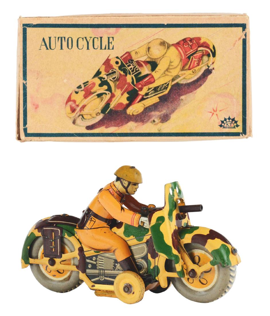 Pre-war Japanese Tin Litho Wind Up Auto Cycle. (1 of 7)