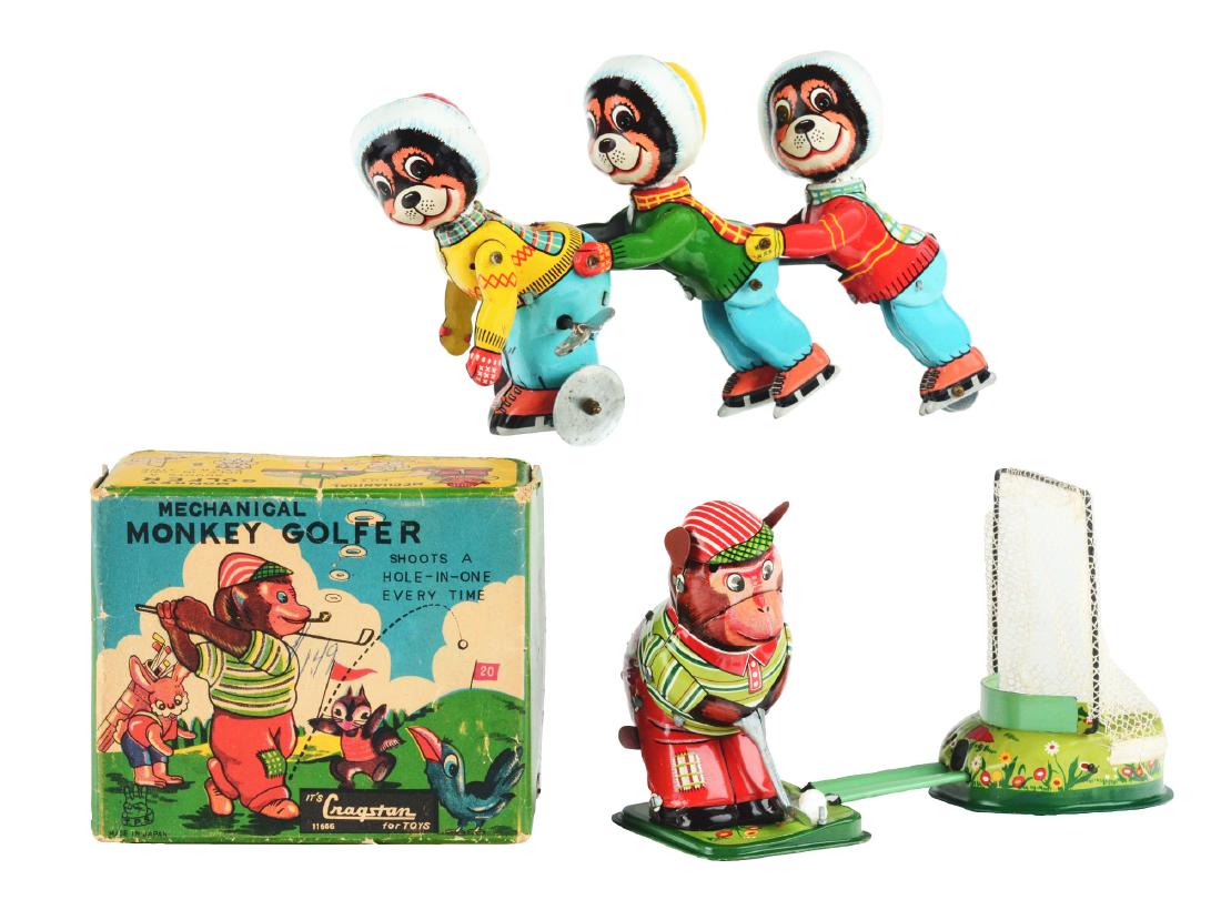 Lot of 2: Tin Litho Wind Up Bears and Monkey Toys. (1 of 2)