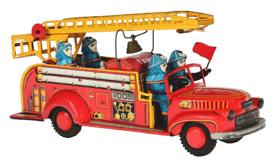 Tin Litho Large Early Bonnet Style Fire Truck. (1 of 4)