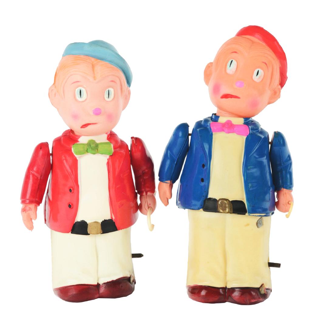 Lot of 2: Celluloid Wind Up Harold Teen Toys.: The first is a celluloid, wind up Harold Teen, Occupied Japan; red jacket version, hard to find character toy, when wound, it shakes with offset weight inside and torso raises and lowers, works, near 