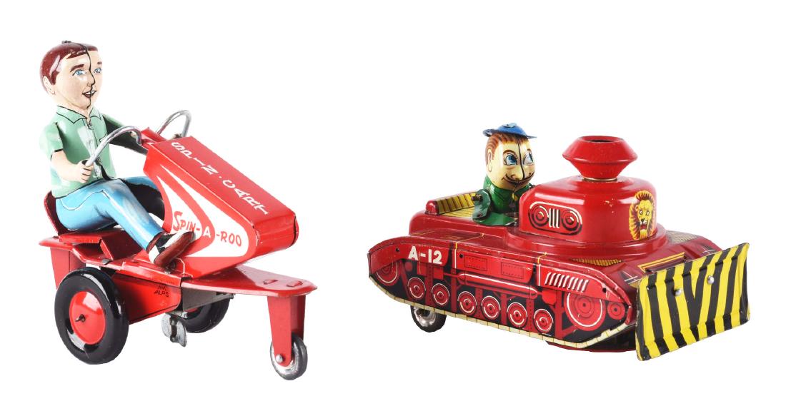 Lot of 2: Tin Litho Wind Up Vehicles.: The first is a wind up Spin-A-Roo Cart, Japan, Alps. Hard to find toy. When wound, it rolls backwards and forwards, pulling wheelies and spinning, near mint, 7". The second is a wind up A-12 Bulldozer
