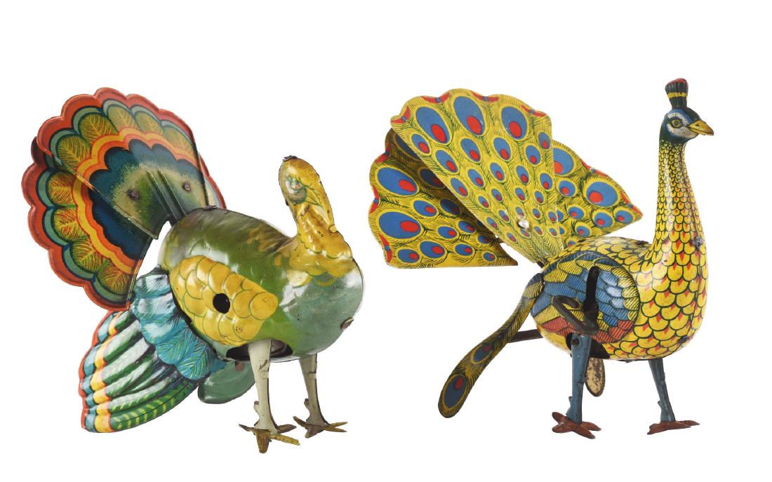 Lot of 2: Tin Litho Wind Up Peacock and Turkey Toys. (1 of 2)