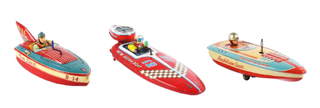 Lot of 3: Tin Litho Wind Speed Boats.: The first is a tin litho New Ocean Speed Boat with outboard motor, Japan, Bandai. When wound, the propeller spins, tin litho wheel turns under gel on outboard and emits sound, working, marked "New Oce