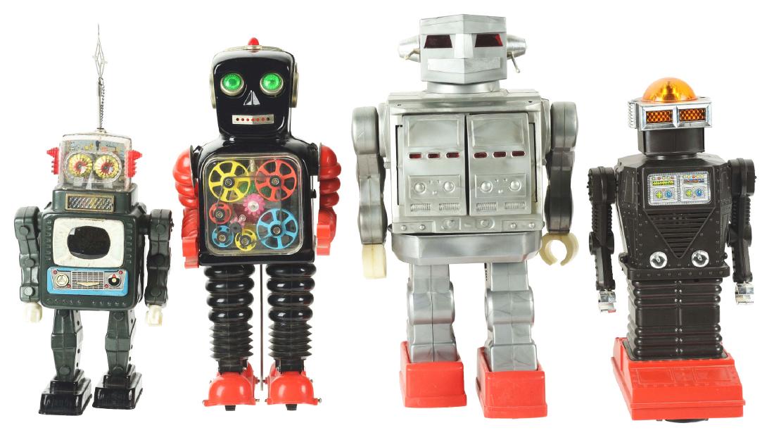 Lot Of 4: Japanese Tin Litho & Plastic Robots.: Lot consists of an Alps Television Space Man with older metal antenna, a Waco plastic Laughing Robot, a Taiyo Blink-A-Gear Robot, and a Horikawa Super Space Giant. Various conditions.Condition: (Very