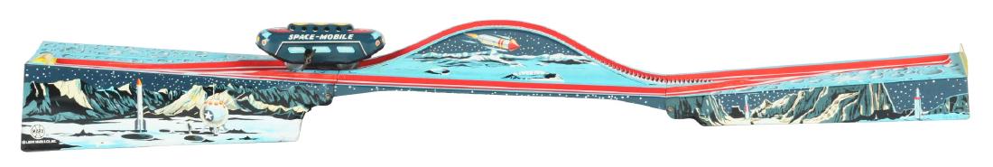 Tin Litho Wind Up Space Mobile.: U.S.A, Marx. Working; space mobile travels back and forth through space diorama, some oxidation on center track, excellent, the diorama is 32" long.Condition: Dimensions: 12 - 1/4" x 3 - 1/4" x 3".