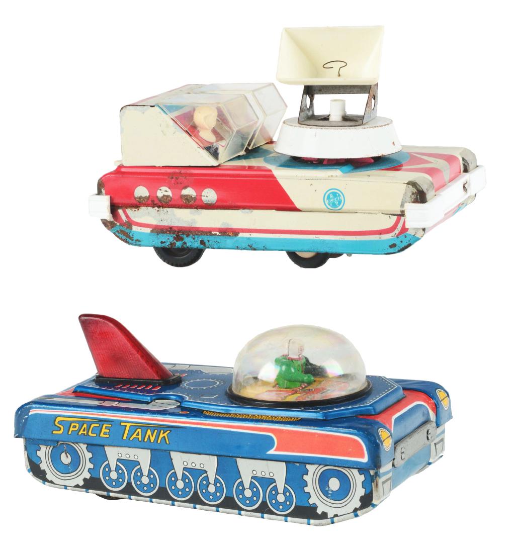 Lot of 2: Tin Litho Friction and Battery Operated Space: The first is a Space Tank V-7, Japan. Working, rolls forward with sparks, needs flint, some scuffing on the bottom, very good to excellent, 7-1/2". The second is a Space Radar tank, battery operated, 