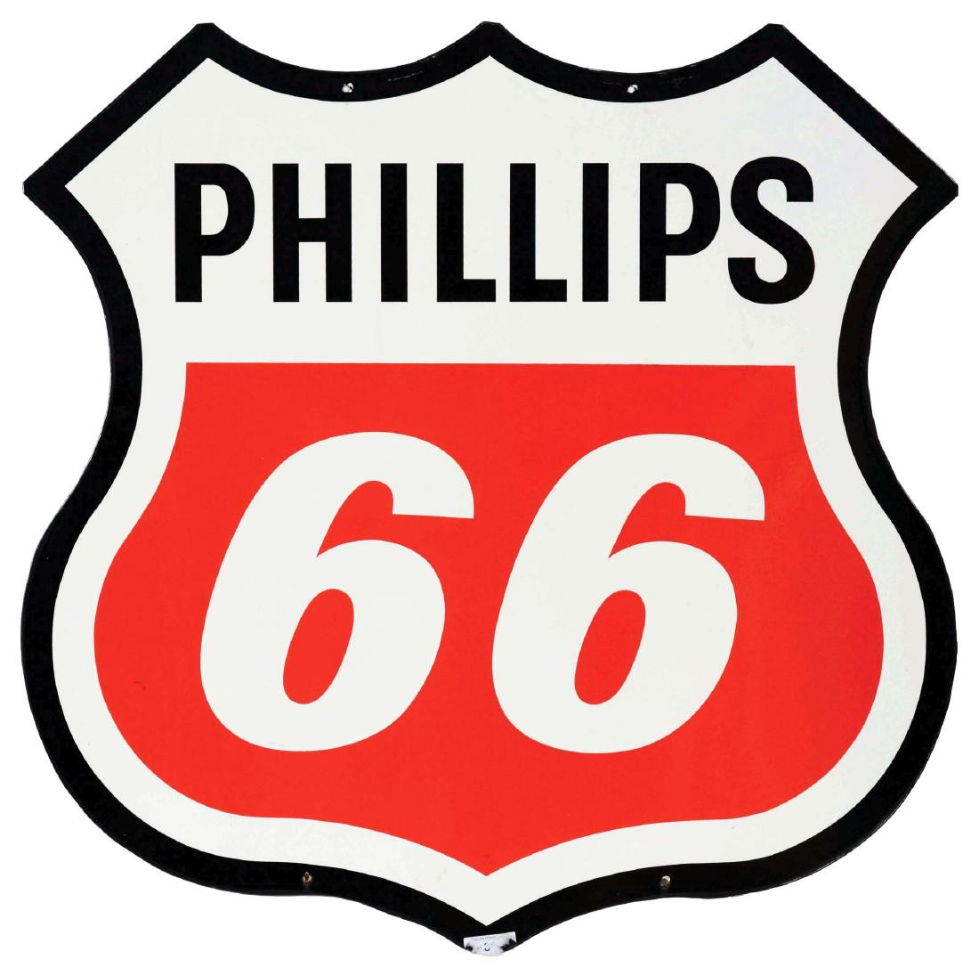 Phillips 66 Gasoline Die-Cut Porcelain Shield Sign. (1 of 3)