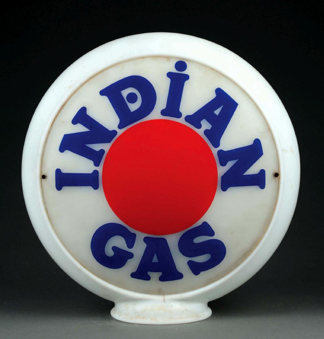 Indian Gas Complete 13-1/2" Globe on Milk Glass Body.: Complete 13-1/2" Globe on Milk Glass Body. A very nice example of this globe from Indian Gasoline. Both lenses are in good condition, with each showing some light discoloration in the white, but brigh