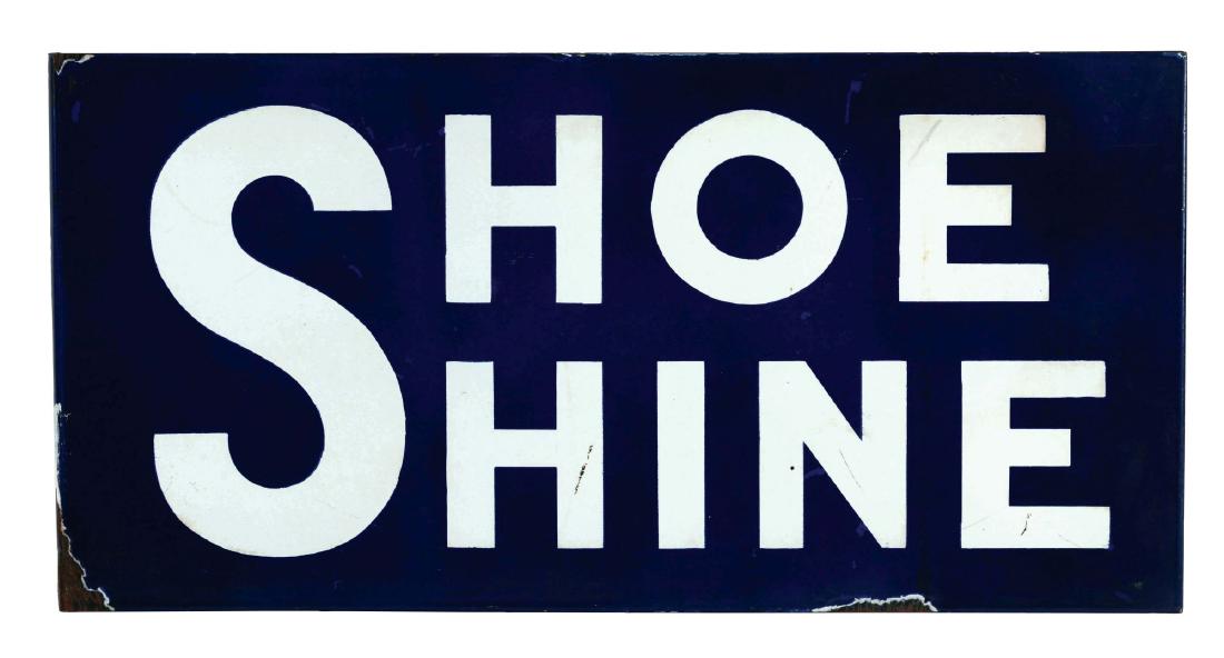Shoe Shine Porcelain Flange Sign.: DSP. A very nice example of this seldom seen sign. Sign exhibits very good color and gloss, with clean fields on both sides. Sign shows some minor surface scratches, and some chipping along the outer