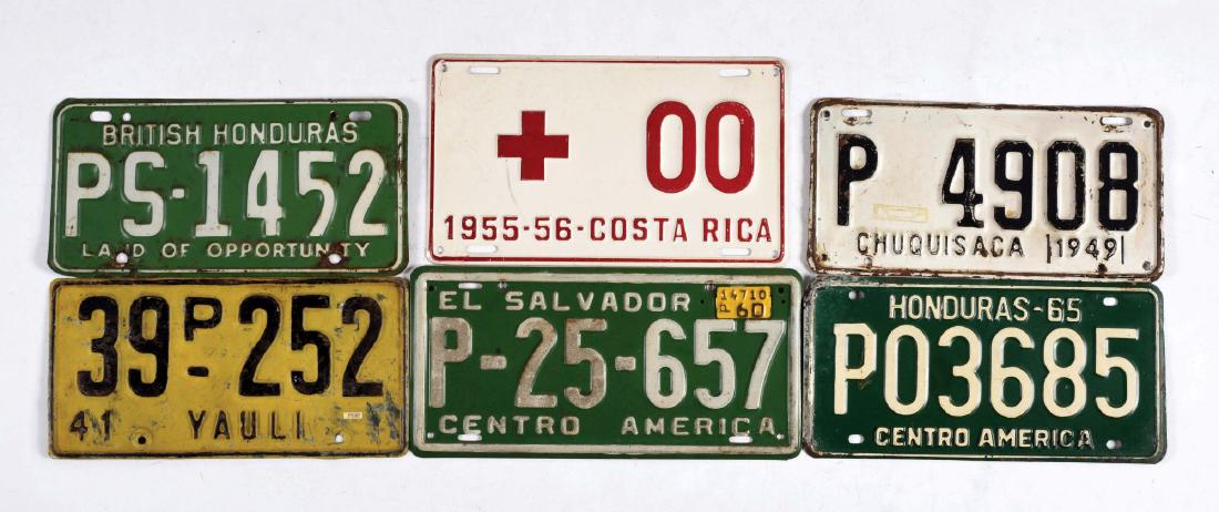 Lot Of 8: South & Central America License Plates.: Lot consists of: Eight plates from South and Central America to include BRITISH HONDURAS, COSTA RICA sample, BOLIVIA (Chiquisaca), PERU (Yauli), EL SALVADOR and HONDURAS, followed by BOLIVIA (Tarija)