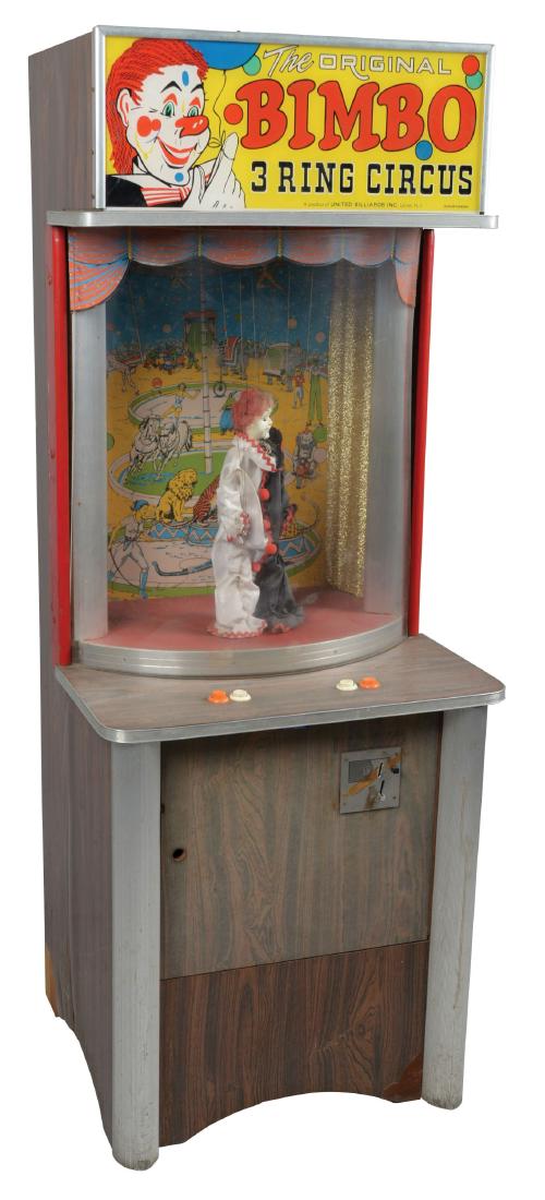 10¢ United Billiards Inc. The Original Bimbo 3 Ring: An arcade game featuring a clown marionette, manufactured by United Billiards Inc. in 1981. For 10¢, patrons have complete control of the puppets movements for up to 1 minute or until the song on the