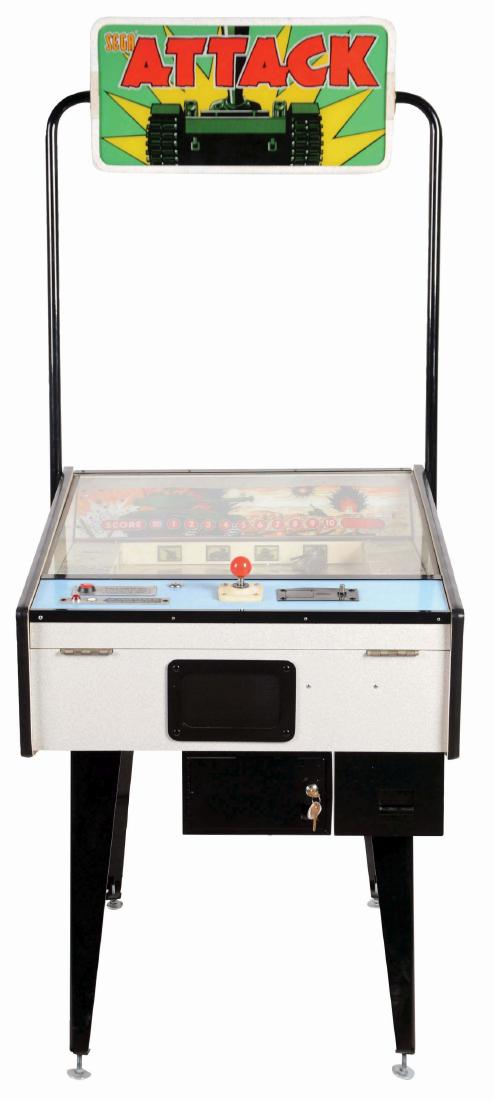 25¢ Sega Attack Arcade Game.: This is a 1970's arcade game with a standard cabinet, complete with a light up marquee. Manufactured by SEGA, made in Japan. Using the joystick, hit as many lit targets as possible with the tank's gun