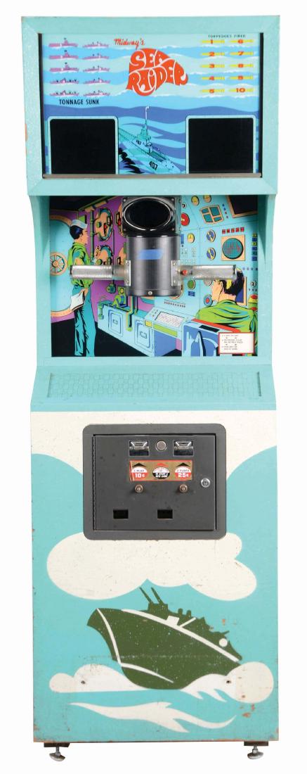 10¢, 25¢ Midway's Sea Raider Arcade Machine.: Midway produced this nautical arcade game in 1926 and it features an exciting periscope game control for players. 8 shots are given per game with extra shots awarded if 160,000 points are obtained. Ba