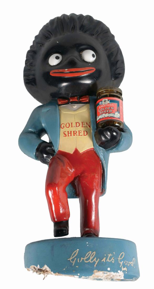 Robertson's Golden Shred Marmalade "Golly" Boy Statue.: Large resin statue of a finely dressed boy, boasting a jar of Robertson's Golden Shred Marmalade. The base reads "Golly it's Good!" There is a small amount of paint wear, most visible on the back and