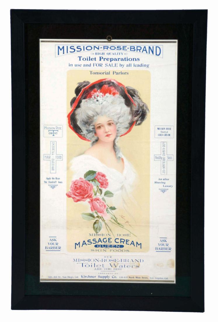 Kirchner Supply Co. Mission Rose Brand Advertising: Advertisement for high quality "toilet preparations" including dandruff remover, cold cream, and massage cream. Featuring an image of a Victorian woman by Leon Moran at the center. Showing some creasi