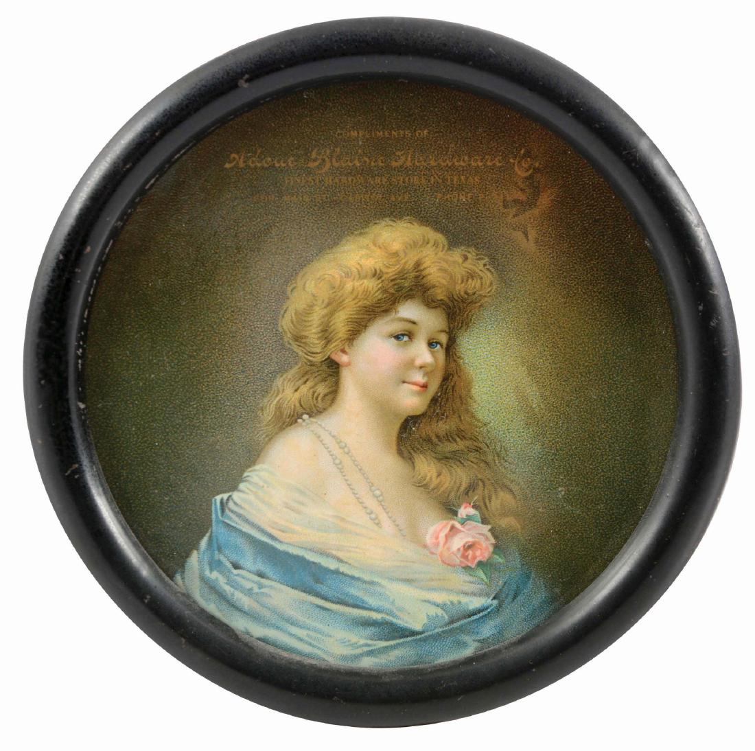 Blaine Hardware Lithographed Advertising Sign.: This is a great early sign from Texas. It is very clean with only some light wear to the tin rim. The field is a lithographed paper. Retains original hanging cord. Condition: (Excellent). Dimensions: