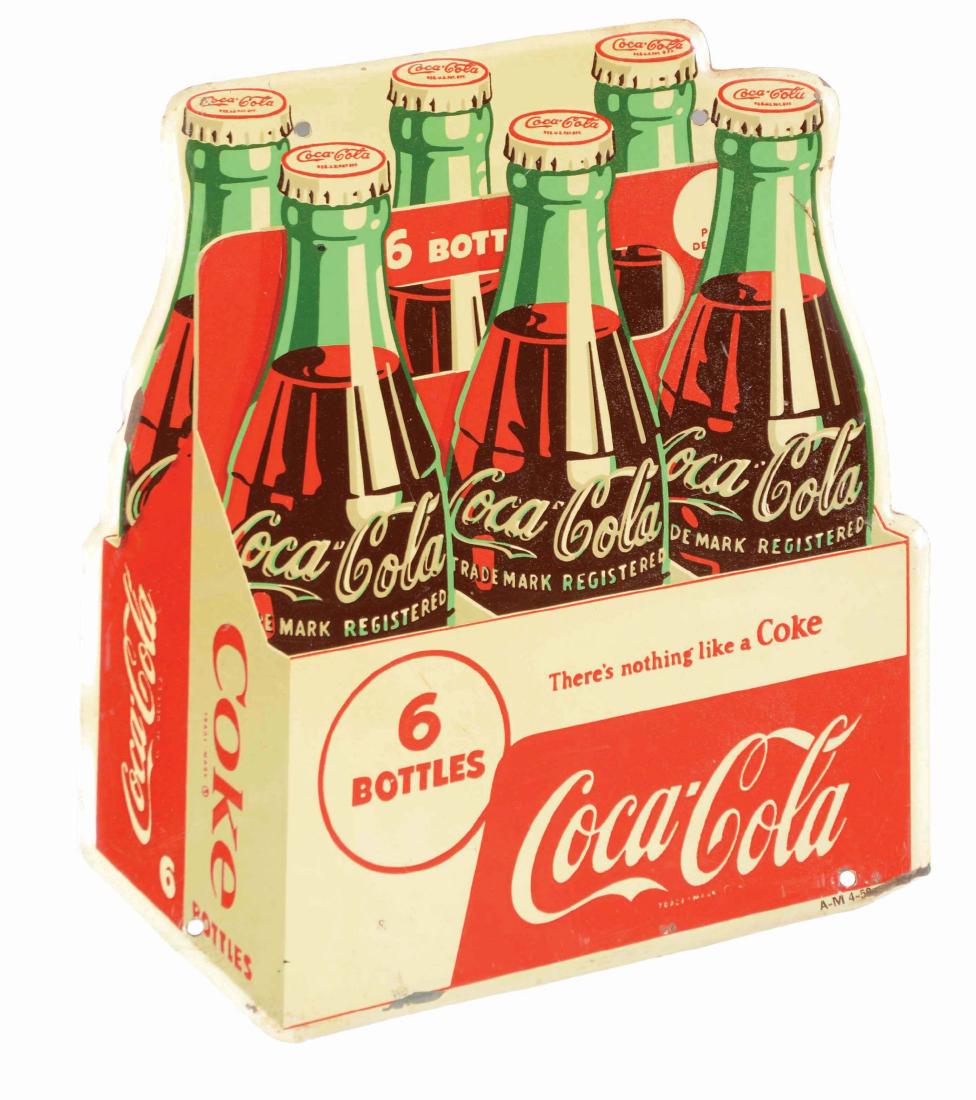 1956 Coca-Cola Tin Six Pack Cutout Sign.: This is a classic and hard to find sign. Rather clean field with a few marks. There is a bend on bottom right corner with some minor paint loss, and the center left edge has a tiny bend and paint chip