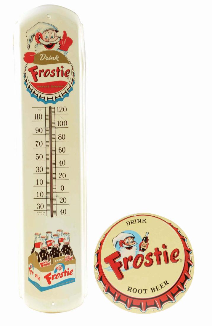 Lot Of 2: Frostie Root Beer Sign & Thermometer.: The bottle cap sign is embossed tin and is very clean with only light mounting hole wear. The thermometer has great color and gloss with six pack graphic and only a few marks and a slight bend on the