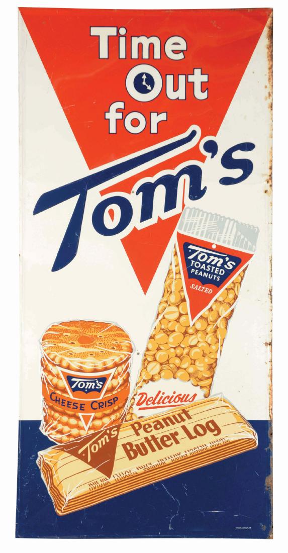 Large Tom's Peanuts And Candy Embossed Tin Sign. (1 of 2)