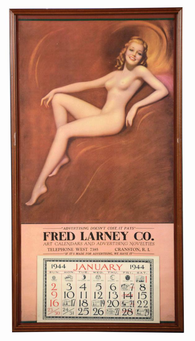 Fred Larney Co. January 1944 Advertising Calendar.: Framed advertising calendar with the date card showing January of 1944 and exhibits the lithograph titled "The Favorite Model," a happy woman baring her nude physique. Fred Larney Co. advertises Art c
