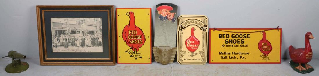 Lot Of 7: Red Goose & Buster Brown Advertising Items.: Lot consists of 1 - Framed image of Buster Brown and Tige in a store front promotion. C. 1900.; 1 - Red Goose Shoes single side steel sign. Made for Mullins Hardware, Kentucky. 20"W x 10"T. Light scra