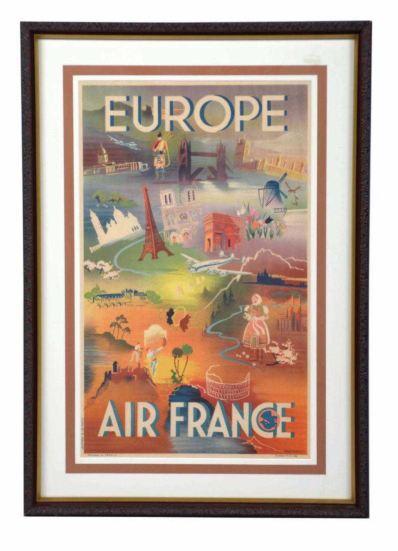 Original Air France Europe Advertising Travel Poster.: Featuring artwork by Robert Falcucci, this advertisement shows an assortment of European landmarks. Marked "Printed in France," Alepee & Cie Paris," "R/229/R/4-48." With very little wear to the poster