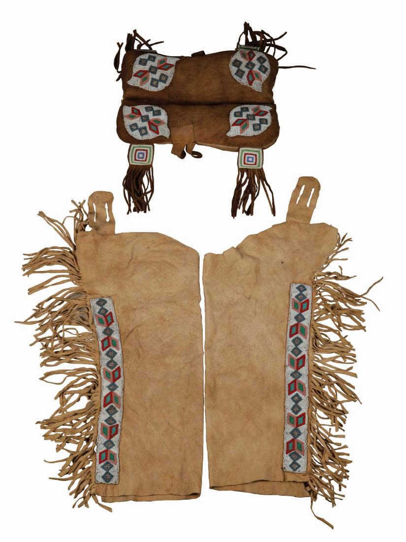 Sioux Saddle Pad & Matching Leggings.: Circa 1890-1900, beaded patterns are typical of those used by Sioux Indians at Ft. Totten and Turtle Mountain North Dakota. Sinew sewn beads on smoke tanned moose with saddle pad underneath made of ca