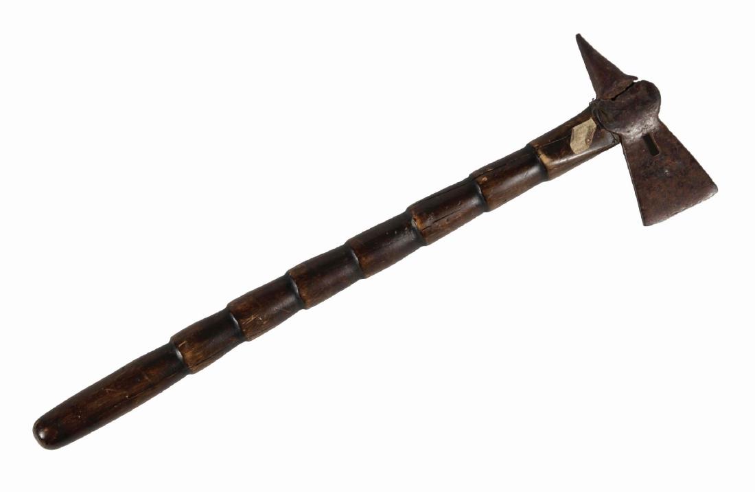 Spike Tomahawk Found At Fort Meiggs Ohio.: Circa 1840-1850, hand forged head with rectangle shaped piercing through the blade with the eye cracked. A very old label is affixed that reads: "Tomahawk, French, this was found at Fort Meiggs, Ohio.