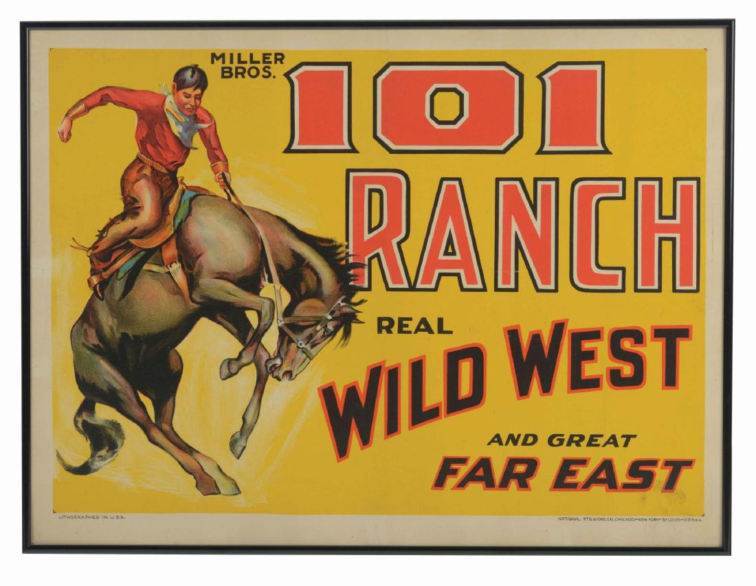 Scarce Miller Bros. 101 Ranch Real Wild West Poster.: This is a seldom seen stone lithographed half sheet produced by National Printing. This exact post is the first we've seen of this type. Color is vibrant. There are not folds, nor is there any restora